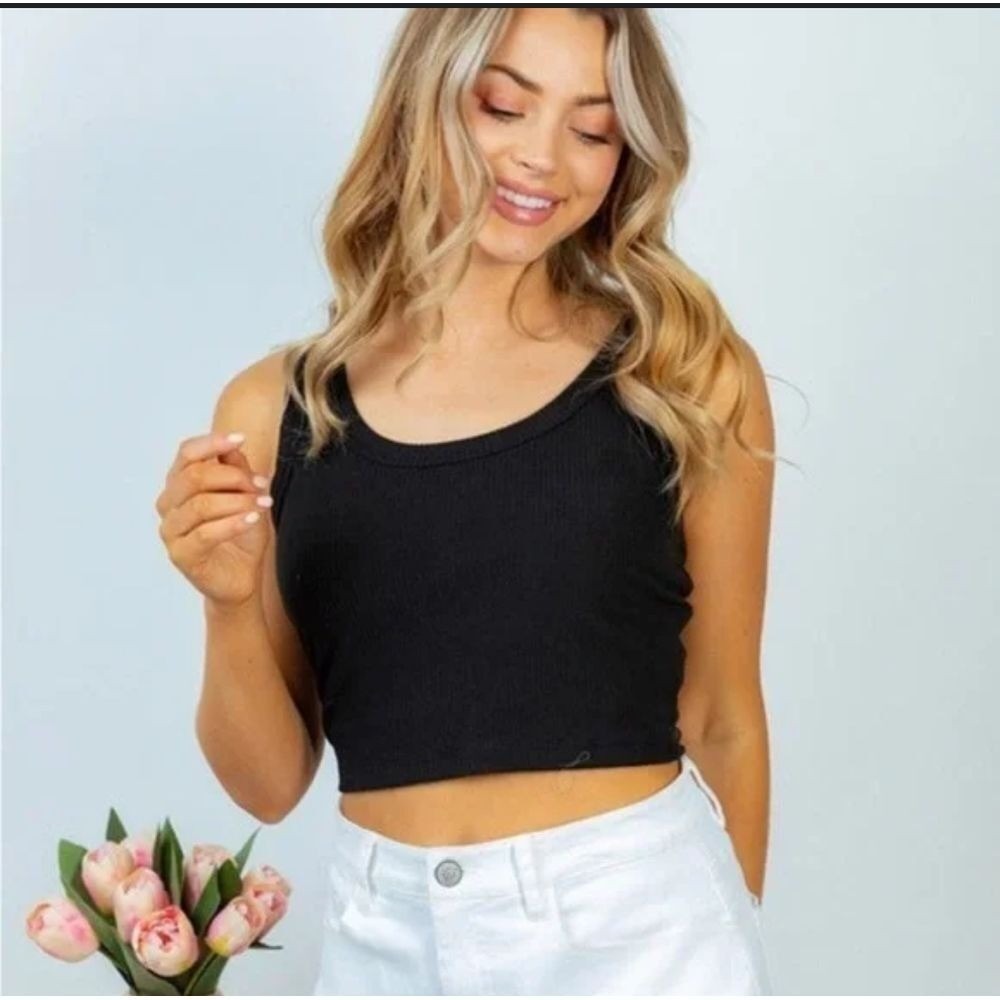 White‎ Birch Ribbed Crop Fits  Large Tank Top Women Black Excellent Scoop Neck